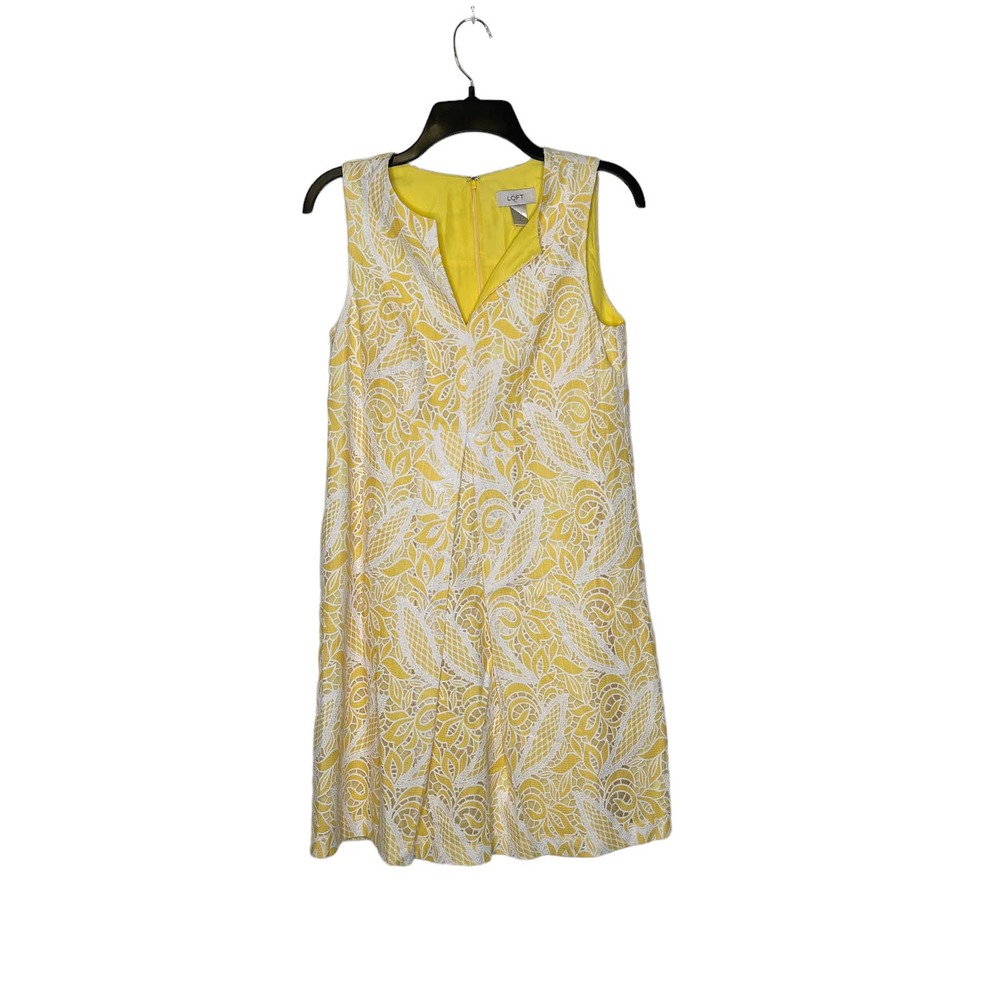 Loft Ann Taylor Women 2 Yellow Lined Sheath Dress Sleeveless Crochet Floral Lace
